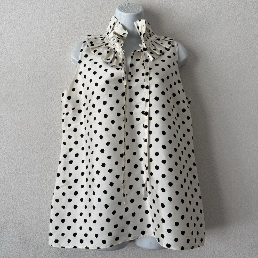 Kate Spade NY 100% Silk Polka Dot Blouse 10 Ruffle Neck Sleeveless Cloud Dot Top